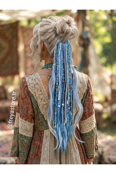 Almila Buzul Mavi Bohem Rasta Toka Saç Aksesuarı Mistik Otantik Hippie Afrika...