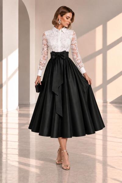SERAVENZA COUTURE Midi Boy Üst Dantel Kaplamalı Seyyar Kuşaklı Şık Gömlek Elb...