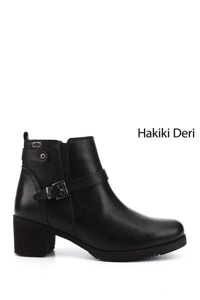 GÖNDERİ(R) Women/Girls Black Floater Zippered Thick Heeled Genuine Leather Boots