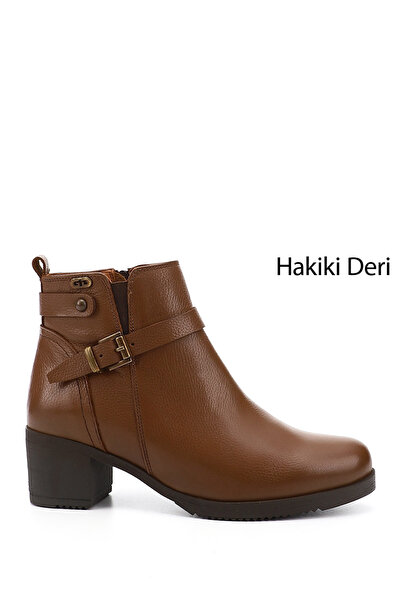 GÖNDERİ(R) Women's Tan Floater Zippered Genuine Leather Block Heel Boots