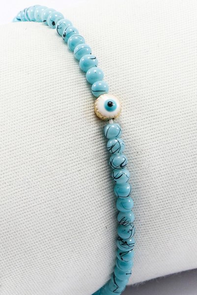 biuti Blue Beaded and Metal White Small Evil Eye Beaded Bracelet, Elastic Bracelet for Gift