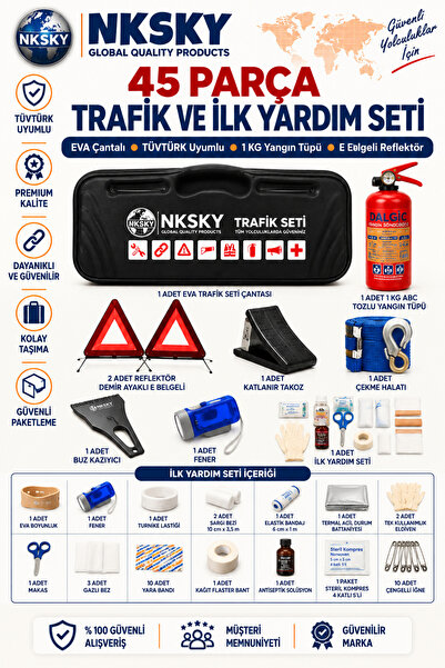 NKSKY EVA Çantalı 45 Parça Trafik Seti TÜVTÜRK Uyumlu 1 KG Yangın Tüpü İlk Ya...
