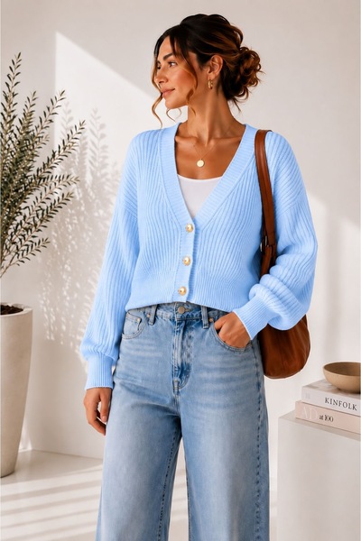 YUGA KNİTTİNG Women's basic ribbed knit button-detail cardigan
