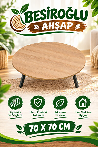 besiroglu ahsap 70 Cm Çap - Ahşap Kaplama Katlanabilir Yer Sofrası Hamur Açma...