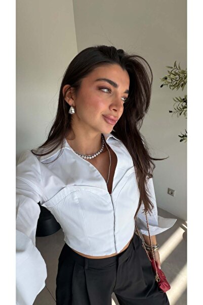 Bade Butik White Corset Detailed Hooked Shirt