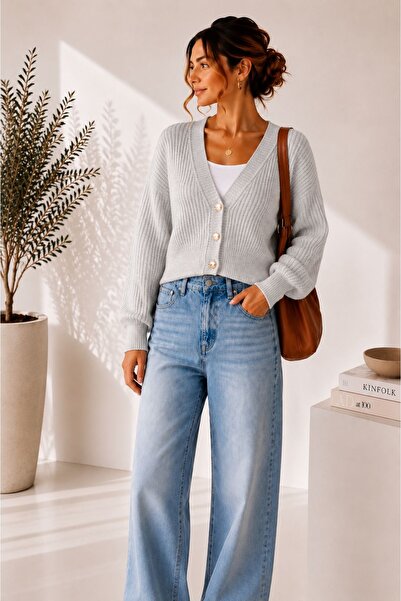 YUGA KNİTTİNG Women's basic ribbed knit button-detail cardigan