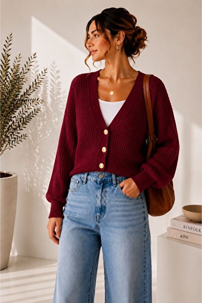 YUGA KNİTTİNG Women's basic ribbed knit button-detail cardigan