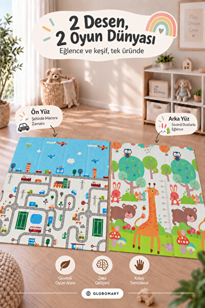 GLOBOMART Best Friends Katlanabilir Çift Taraflı Bebek Çocuk Oyun Matı – Eğit...