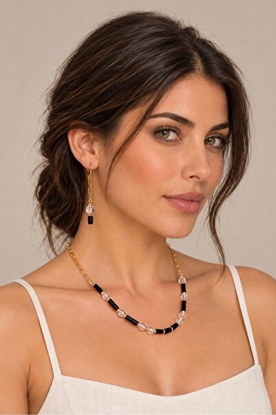 Nocte Crystal | Doğal Oltu Taşı Premium Kristal Altın Kaplama Ataç Zincir Kolye ve Küpe Set