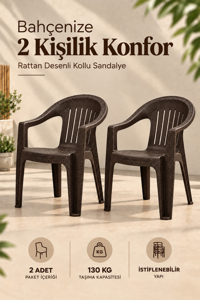 YOGNETIC Rattan Desenli Kollu Sandalye | Bahçe & Balkon Sandalyesi - 2 ADET