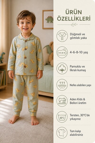 aden kids Erkek çocuk dinazor basklı gömlek yaka düğmeli pijama takımı