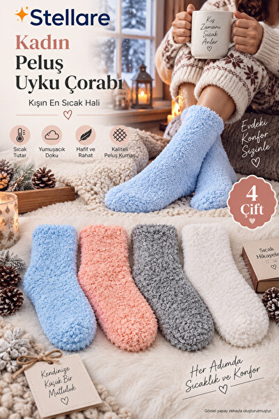 stellare Kadın Kışlık Renkli Peluş Uyku Çorabı 4 Çift