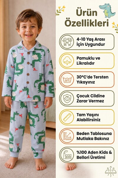 aden kids Boys' green dinosaur print button-down pajama set with shirt collar.