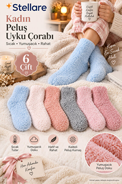 stellare Kadın Kışlık Renkli Peluş Uyku Çorabı 6 Çift