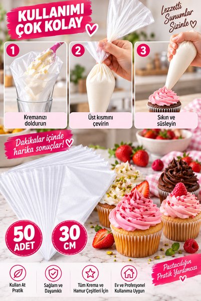 tafce 50 Pieces of Cream Bags for Cake and Pastry Decoration, Disposable Whipped Cream Squeeze Bags, Cream Bag 30 cm