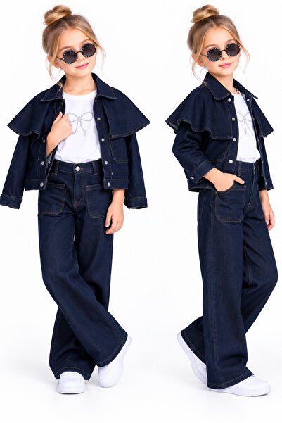 Bambam Kız Çocuk 3 Parça Kot Pelerin Detaylı Ceketli DenimTakım – 25179