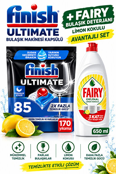 Finish Ultimate Bulaşık Makinesi Kapsülü 85 Yıkama + Fairy Limon Kokulu Bulaşık Deterjanı 650 ml Avantajlı Set
