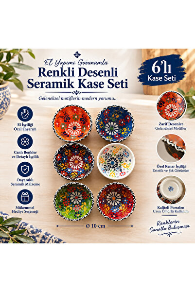 kapadokyahediyelik Kabartma Desen 6'lı Çini Seramik 8 cm Kase Seti %100 El Ya...