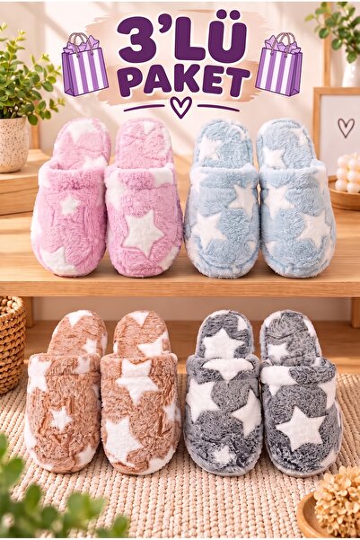 StWenn 3'lü Avantajlı Paket Kışlık Peluş Ev Terliği Çeyiz Terliği Kışlık Terl...