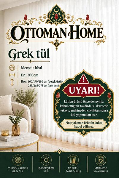 Ottoman home collection Grek Tül Perde Petek Üstü 1/3 Sık Pileli Modern Desen...