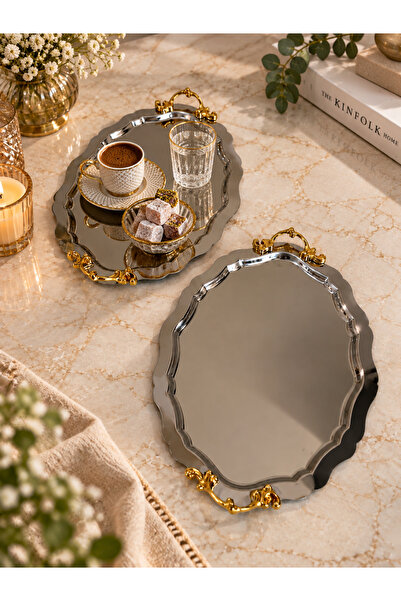 SUNVERA ÇELİK 2'li Paslanmaz Çelik Oval Sunum Tepsisi 20x26 cm Gold Lüks Kulp...