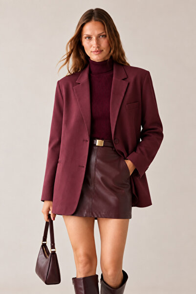 LOOSH Kadın Bordo Çift Düğme Blazer Ceket