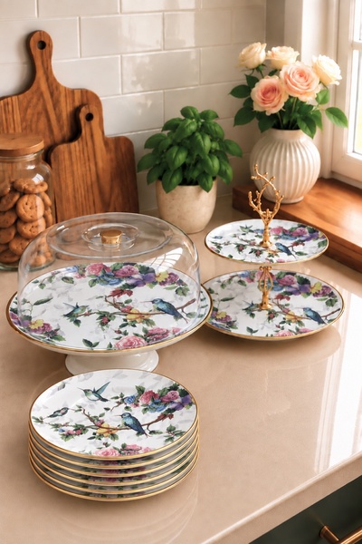 Pinkev Flora 8 Parça Seramik Fanuslu Pasta Sunum Tabağı Seti - Kup125f