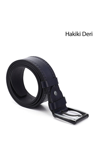 GÖNDERİ(R) Erkek Lacivert Antik Hakiki Deri 4 Cm Dikişli Kot Kemeri