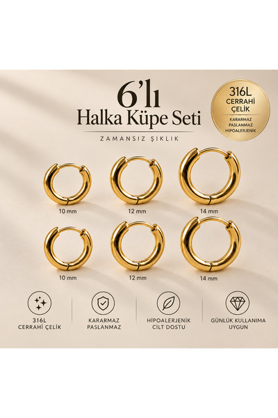 Heppii Cerrahi Çelik Düz Halka Küpe Seti 6 Parça Gold Renk