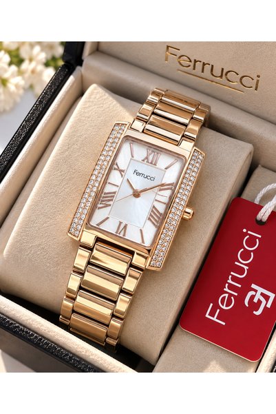 Ferrucci Steel Cord Rose Color, Rectangular Case, Waterproof Women's Wristwatch Bracelet