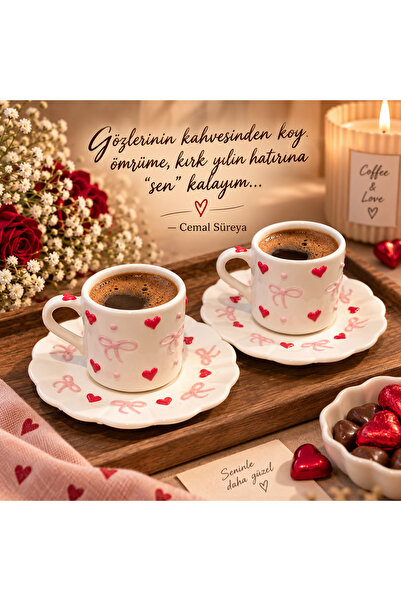 L'Cera Premium Porcelain El Yapımı Seramik Kahve Fincanı 2'li Kalpli Fiyonklu...