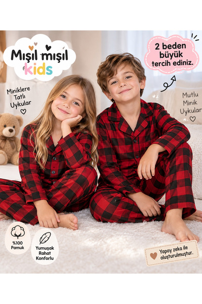 mışıl mışıl kids Kırmızı Siyah Kareli Düğmeli Süet Kumaş Pijama Takımı - Tek ...