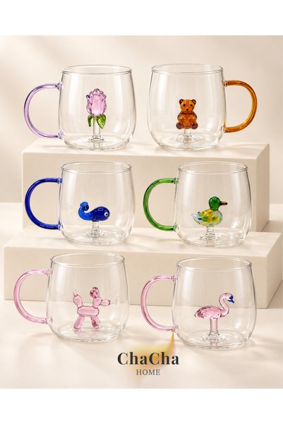 ChaCha Home Figürlü Borosilikat Cam Kupa 350 ml - Renkli Kulplu Bardak - El Y...