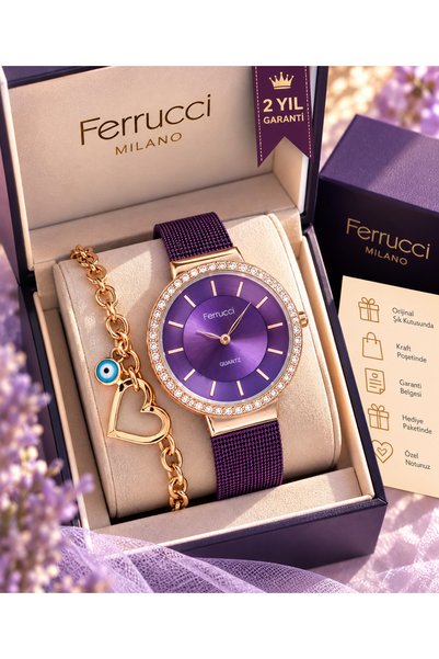 Ferrucci سوار فولاذي من العلامة التجارية، قرص أنيق مرصع بالأحجار، مقاوم للماء، ساعة يد نسائية باللون الأرجواني + سوار