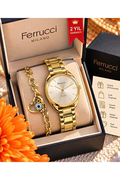 Ferrucci Marka 34 mm Kasa Çapı Sarı Renk, Çelik Kordon, Sade Model Kadın Kol ...