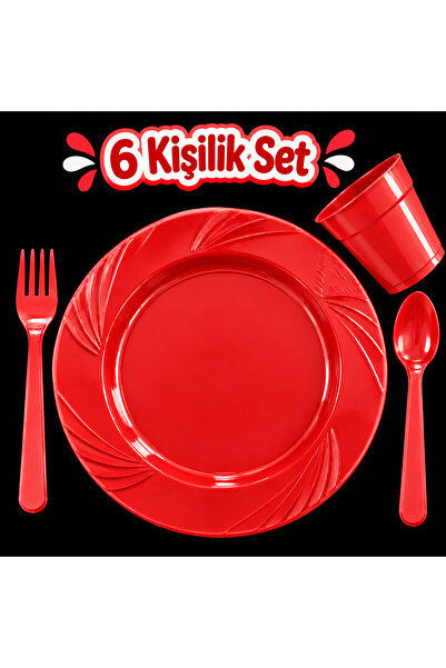 partideyince PLASTİK SERT MİKA TABAK BARDAK ÇATAL KAŞIK KIRMIZI RENK 6 KİŞİLİ...