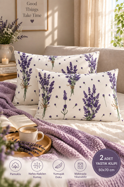 DüşEvi Modern Lavanta Desenli 2’li Yastık Kılıfı 50x70 cm Pamuklu