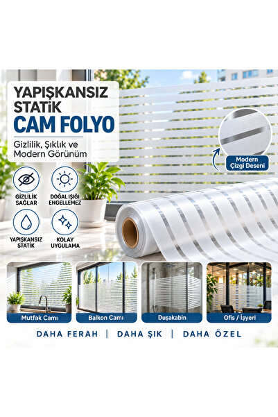 Örtücüm 45 Cm X 3 Metre Statik Buzlu Çizgili Kumlama Cam Folyo Ev Ofis Duşaka...