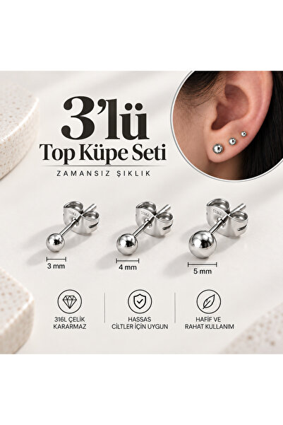 Heppii Cerrahi Çelik Top Küpe Seti Gümüş Renk 3 Parça
