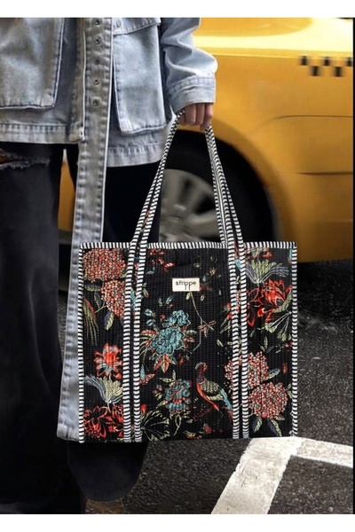 Tavuskuşu Desenli Siyah Pamuklu Kumaş Günlük Omuz Çantası - Tote Bag