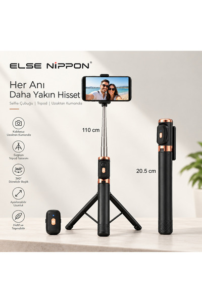 ELSE NIPPON Bluetooth Kumandalı, 110 cm Selfie Çubuğu, Monopod Selfie Stick, ...