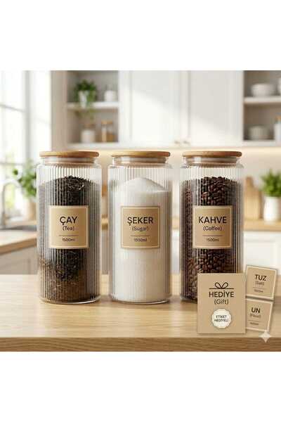 Glass&Grace 3'lü 1500 ML Çizgili Cam Kavanoz Seti | Ahşap Kapaklı | Erzak Sak...