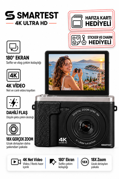 SMARTEST 4K Dijital Fotoğraf Makinesi 48MP Flip Ekran Gerçek 18X Zoom Flaşlı ...