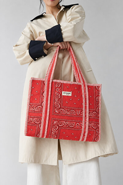 Şal Desenli Kırmızı Pamuklu Kumaş Günlük Omuz Çantası - Tote Bag