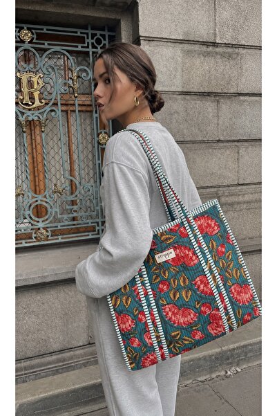 Strippe Çiçek Desenli Yeşil Pamuklu Kumaş Günlük Omuz Çantası - Tote Bag