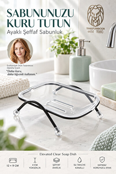 Transformacion Ayaklı Sabunluk – Su Giderli, Şeffaf Tasarım, 12 x 9 cm, Tezga...