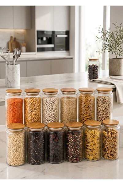 Glass&Grace 12’li 1500 ML Ahşap Kapaklı Çizgili Cam Erzak Kavanozu Seti | Şık...