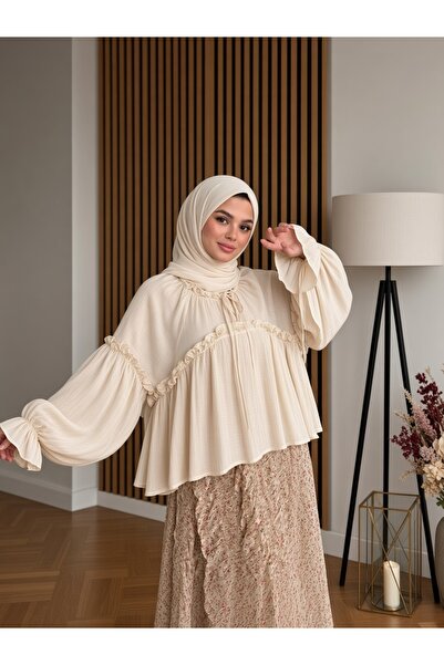 Cardella Floss Viskon Dökümlü Fırfırlı Oversize Kadın Gömlek Bluz