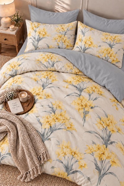 Mia Elora Double Elastic Sheet Duvet Cover Set Cotton Yellow Bouquet