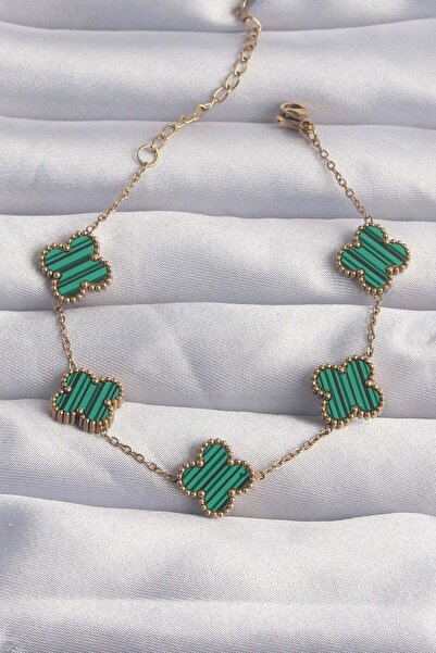 Inure Jewelry 316L Steel Gold Color Striped Green Enamel Clover Bracelet